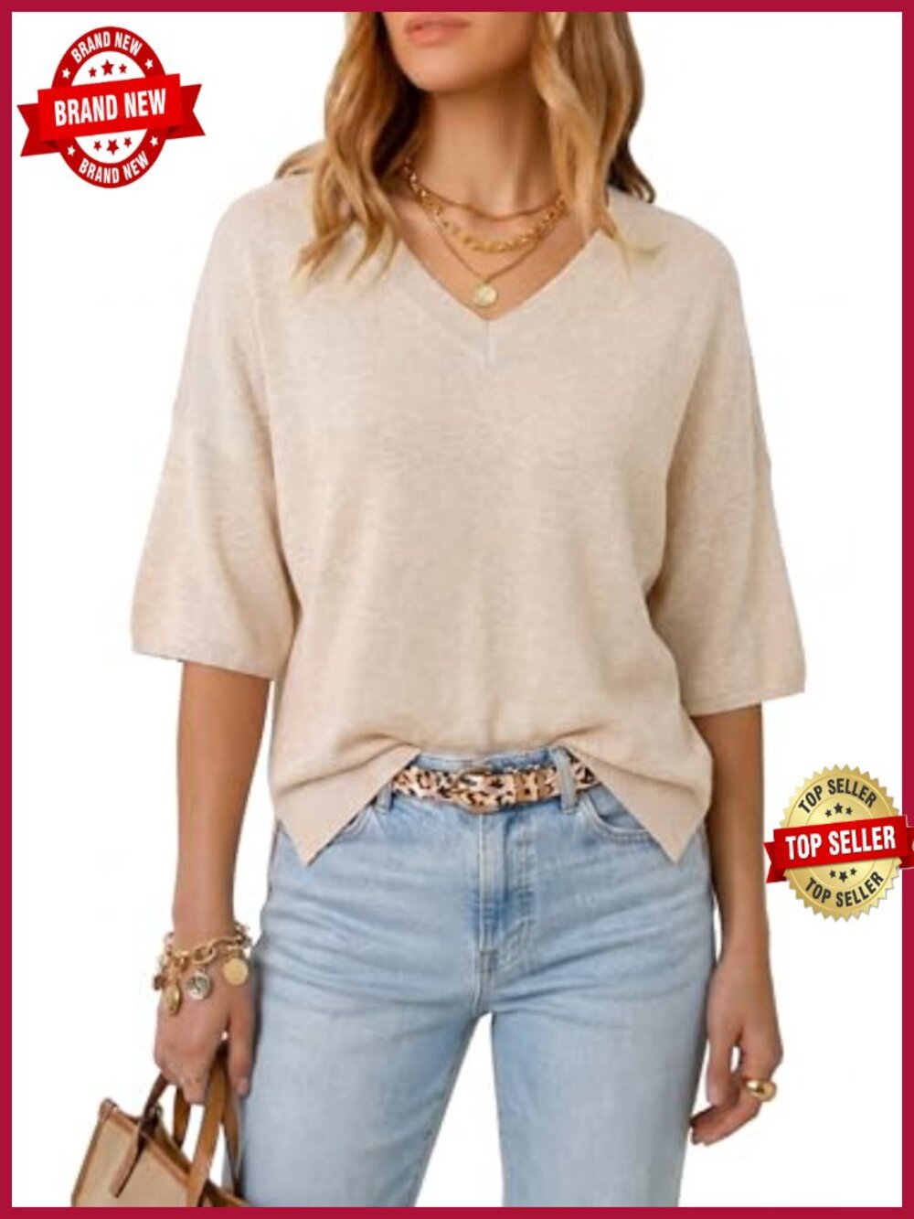 Wool Blend Oversized V-Neck Elbow Sleeve Pullover Sweater